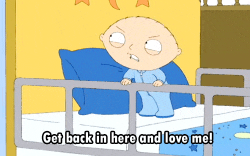 A gif of Stewie from Family Guy shouting for attention.
