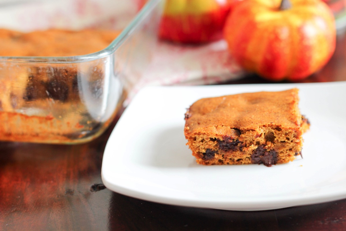 Flourless pumpkin chocolate chip bars made with almond butter for a protein and nutrient packed fall dessert