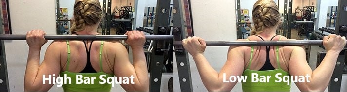 These two photos show the high vs low bar grip for squat