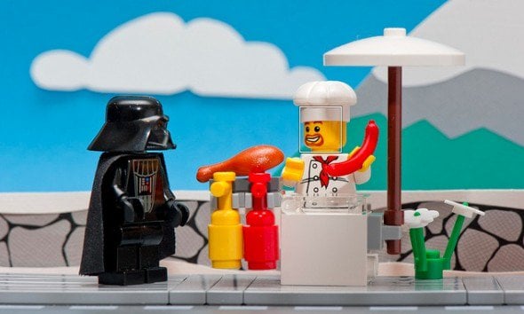 Darth Vader buying a sausage from a street vendor. Paleo approved!