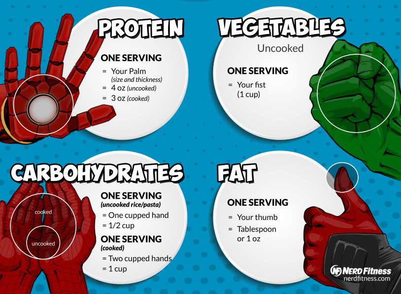 This graph shows servings sizes for protein, vegetables, carbohydrates, and fats, based off the size of your hand.