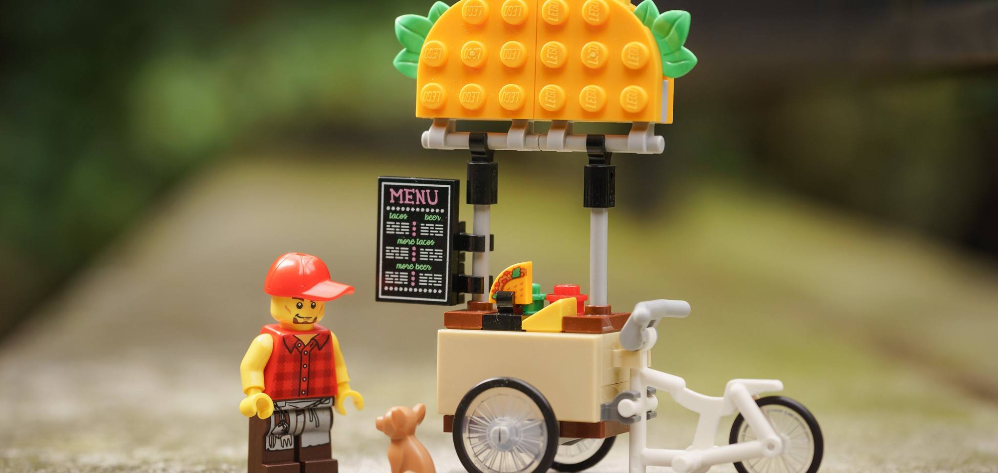 This photo shows a LEGO looking at a dog, who probably wants a portion-controlled taco.