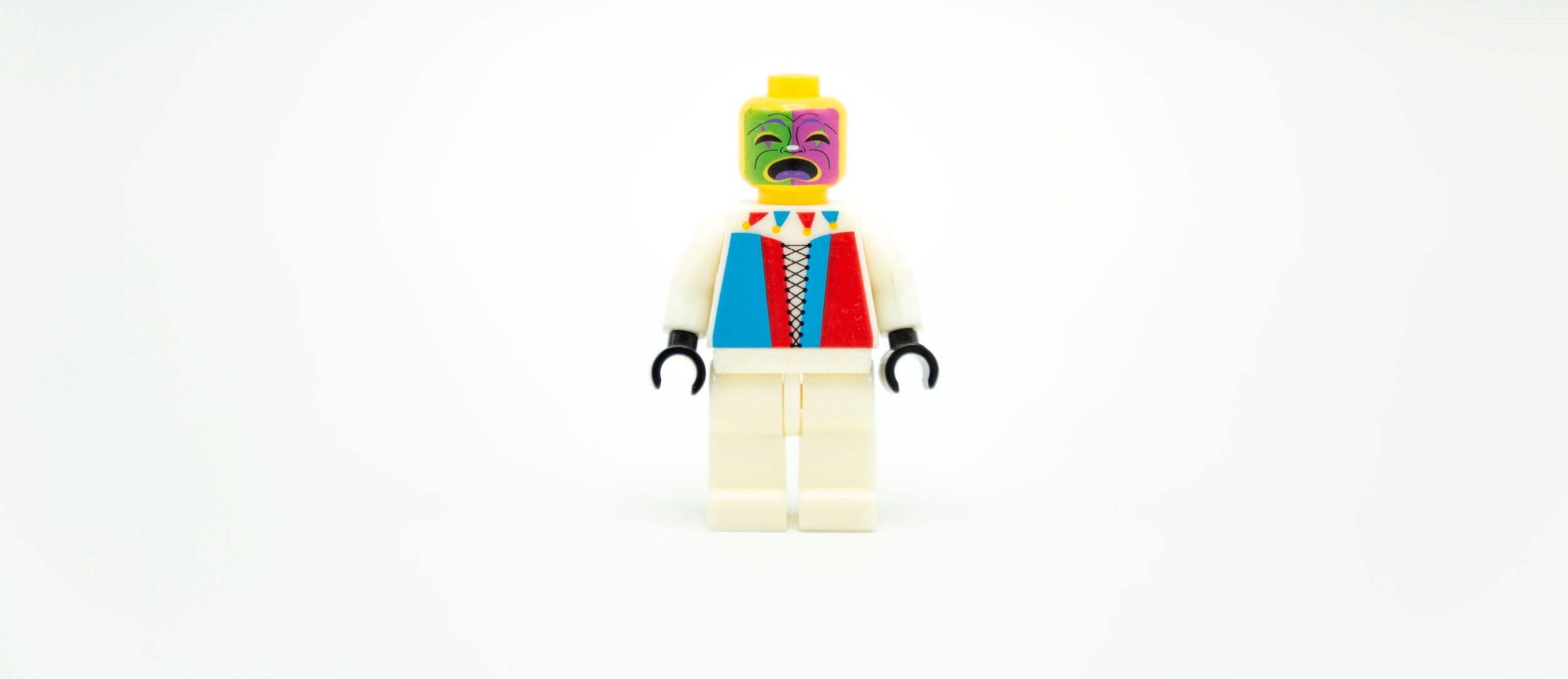 clown lego minifigures toy on white background .