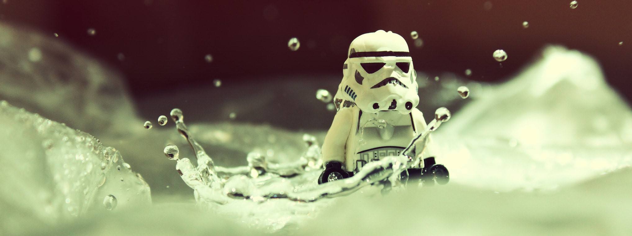 A Stormtrooper in water, which is way too much water for him to drink.