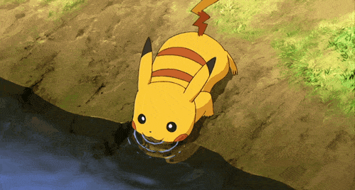 Pikachu drinking water, but maybe you shouldn't drink out of a stream though.