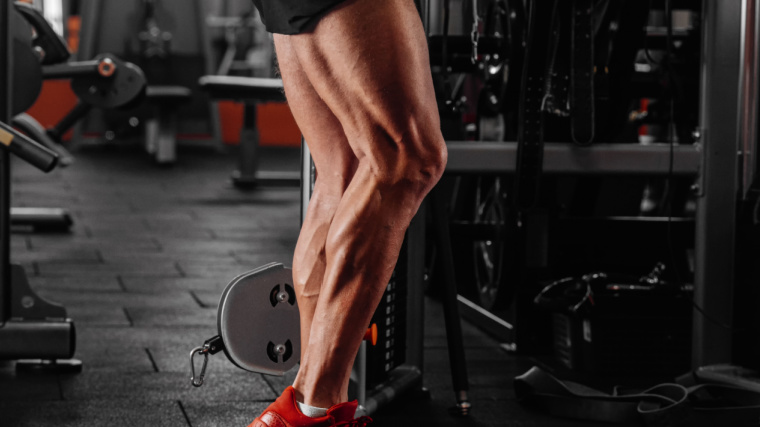 muscular person in gym flexing legs