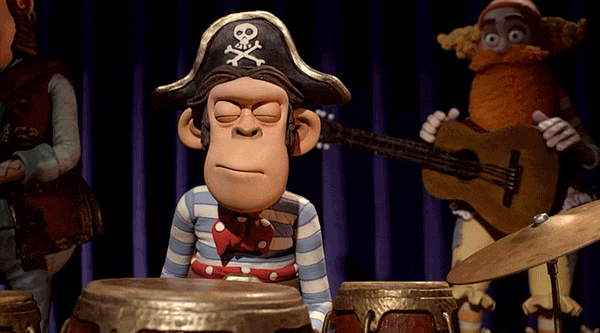 A Pirate Ape doing a rim shot on drums